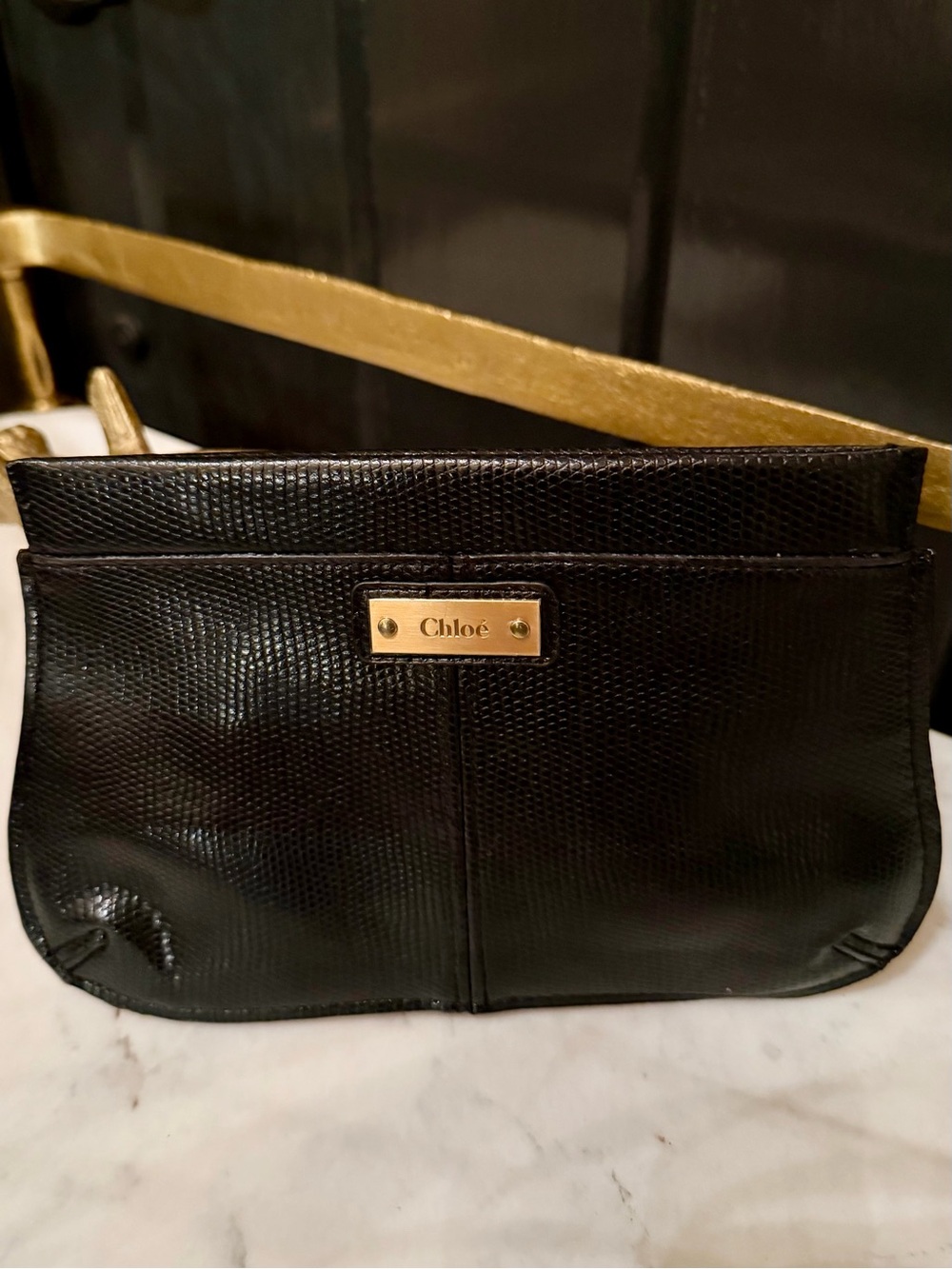 New Authentic Chloé Black & Gold Textured Snake Leather Clutch Purse Bag